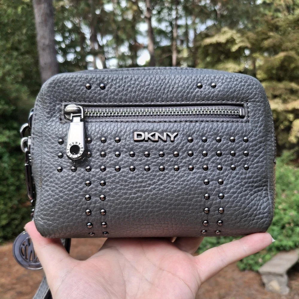 DKNY Charcoal Grey Studded Leather Convertible Crossbody Clutch Wristlet